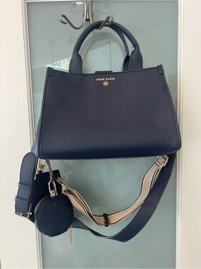Anne Klein Navy Saffiano Satchel with Striped Detachable Strap